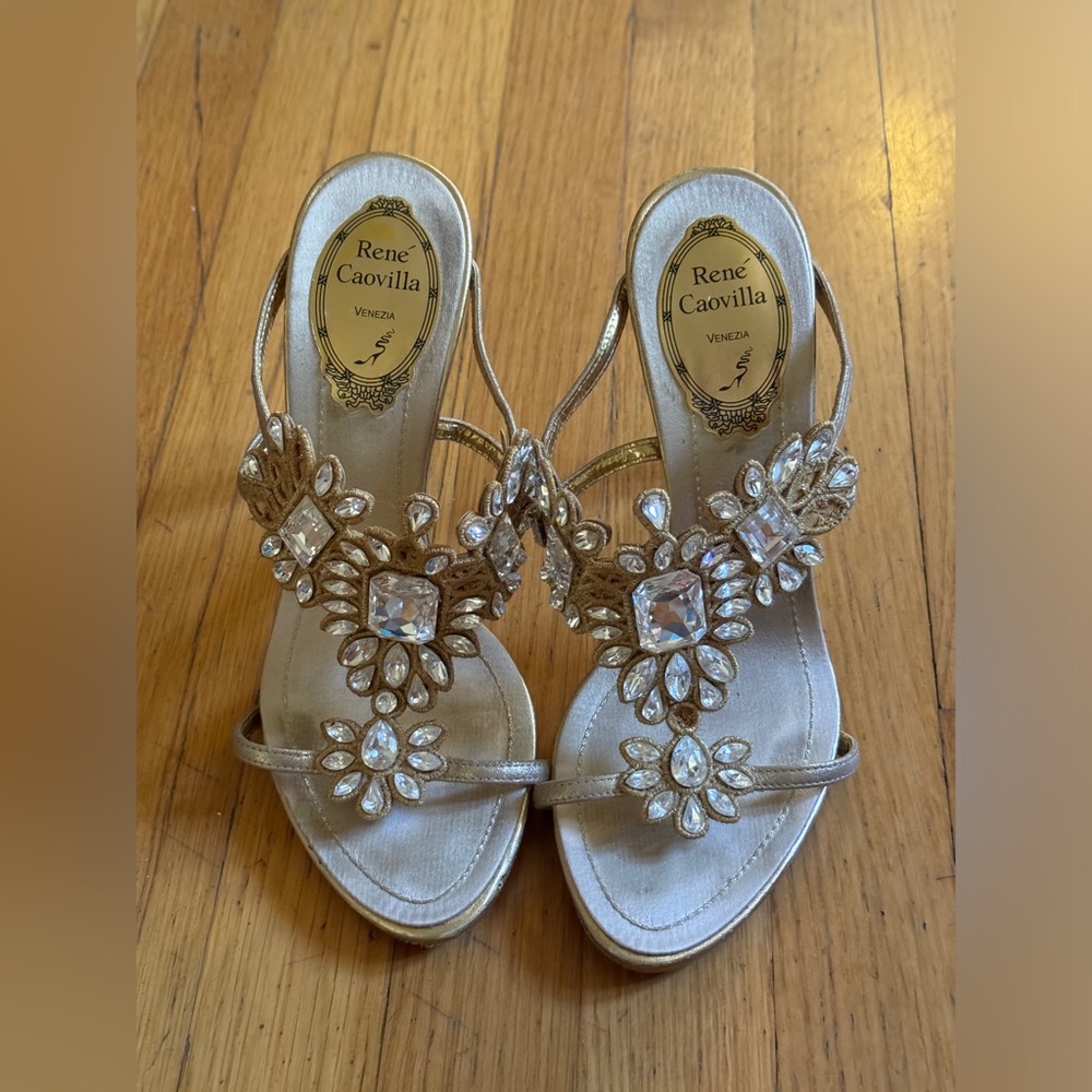Rene Caovilla Crystal Gold Mules Sandals With Glitter Instep Sz 36.5